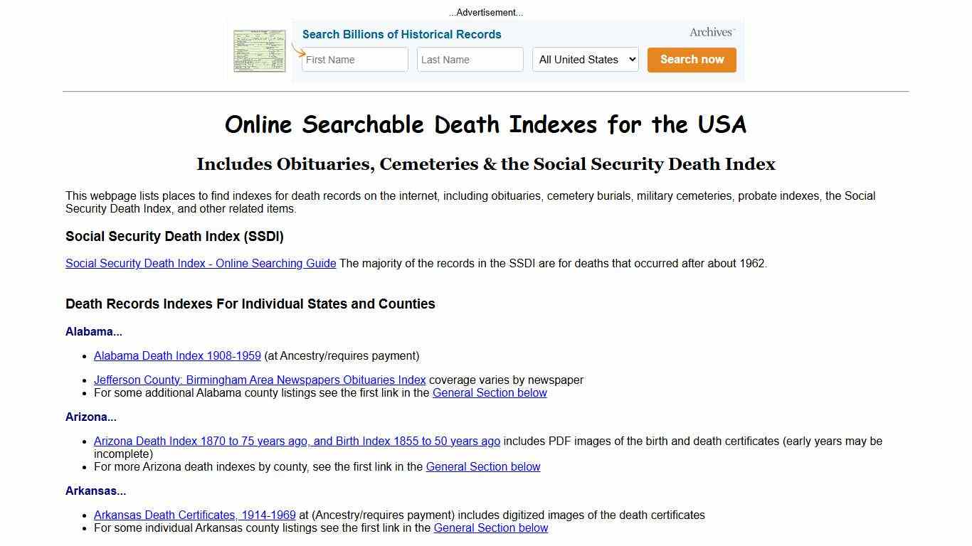 Death Records: Online Searchable Death Indexes and Databases